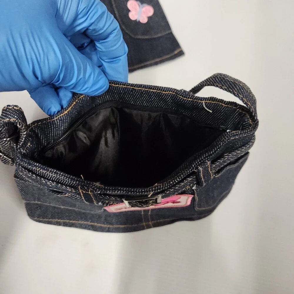 Denim Mini Skirt Purse With Pink Butterfly and Angel Patches Embroidered Buckle